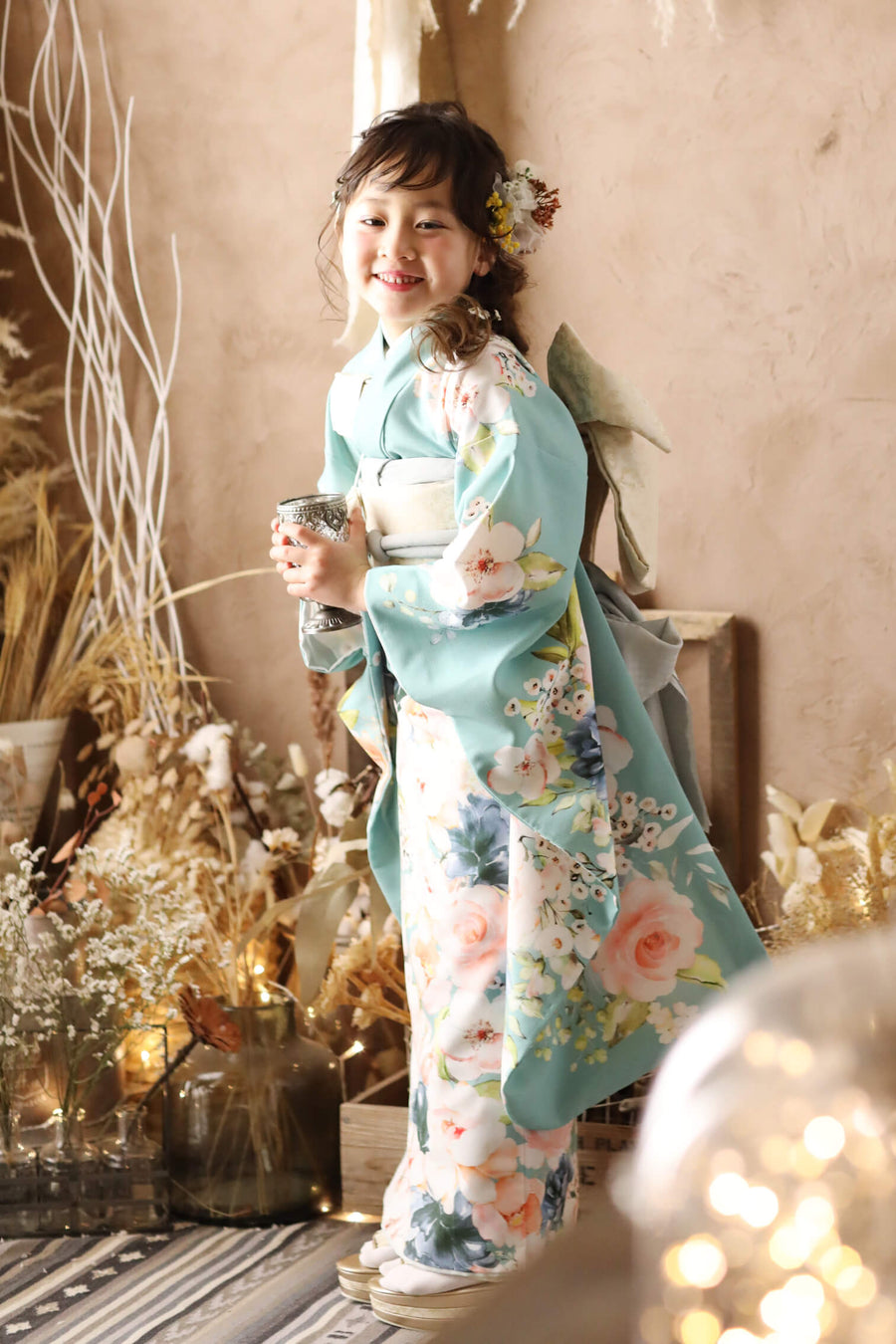 Children's Kimono, rose, emerald green, 6-9 years